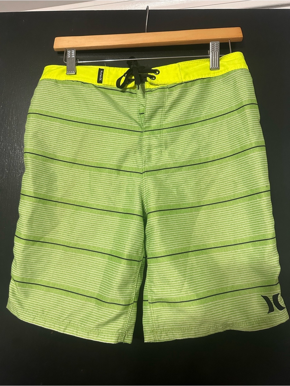 Hurley Neon Lime and Yellow Striped Swim Trunks